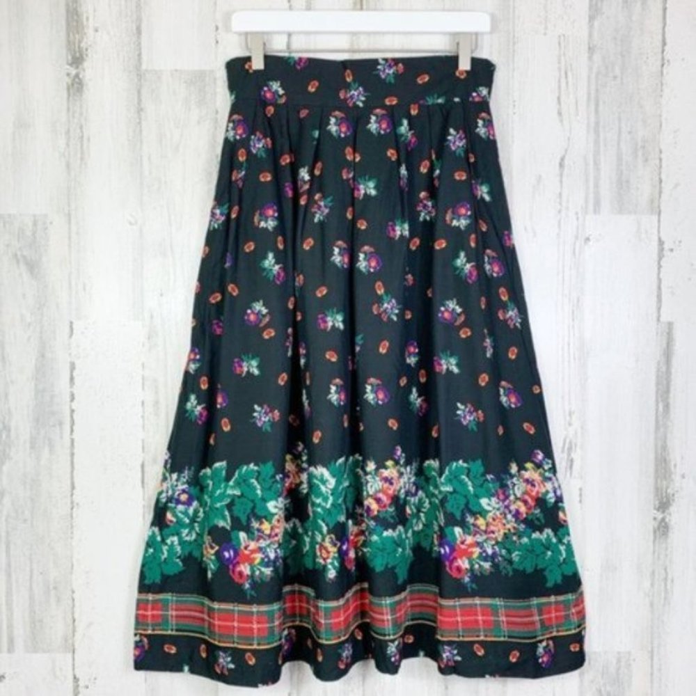Black Pleated Floral Holiday Festive Midi Skirt - Picture 1 of 10